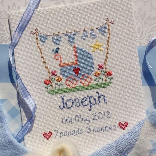 New Baby Boy Birth Sampler printed cross stitch chart by Nia Cross Stitch